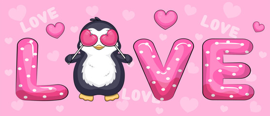 Word LOVE with cute cartoon penguin with two heart candies. Vector illustration with text and animal on a pink background with hearts.