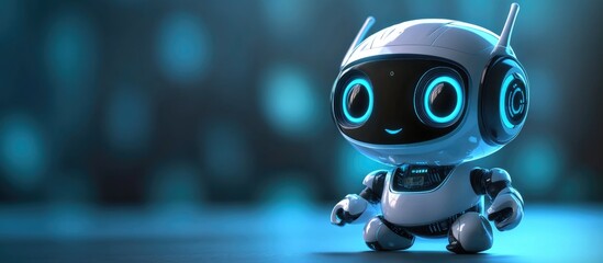 Poster - Cute cartoon robot designed in 3D representing technology concepts such as customer support chatbots and online assistants along with themes of blockchain and cryptocurrency mining
