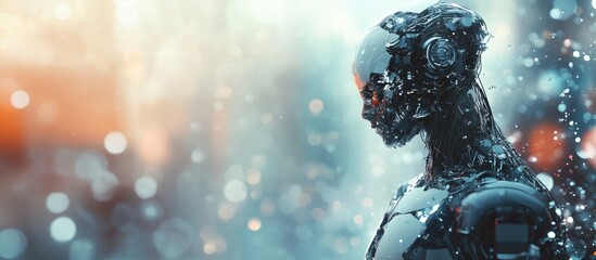 Poster - 3D rendered cyborg robot set against a blurred backdrop highlighting advancements in innovative technology and automation