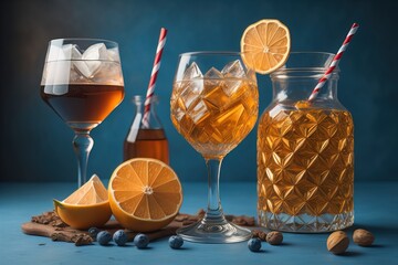 Glasses of sangria with fruits and berries on solid color background. ai generative