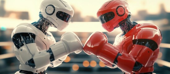 Two robotic boxers in white and red engage in a boxing match rendered in 3D against a bright background