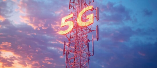 Poster - 5G smart mobile phone antenna on a telecommunications mast transmitting a radio signal