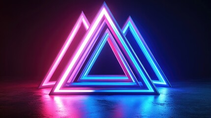 Poster - Illuminated neon triangles against a dark backdrop Three dimensional artwork featuring a pink and blue aesthetic trend