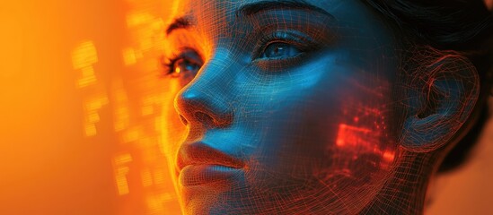 Poster - 3D wireframe depiction of a young female face against an orange and blue backdrop symbolizing technology cyborgs digital realms avatars and futuristic concepts