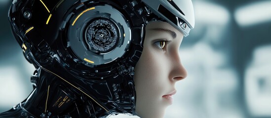 Aufkleber - Virtual robot head with artificial intelligence concepts generated through 3D rendering and digital illustration techniques