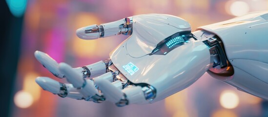 Aufkleber - White robotic hand against a blurred backdrop utilizing a 3D rendered cyber security data interface