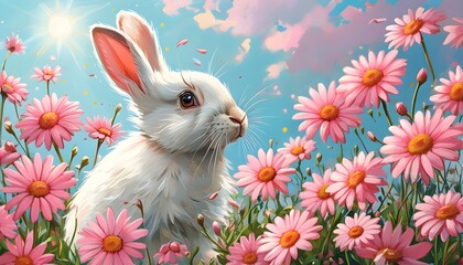 Whimsical spring scene of a white bunny surrounded by pink daisies under a sunny sky, ideal for Easter greetings and seasonal decorations