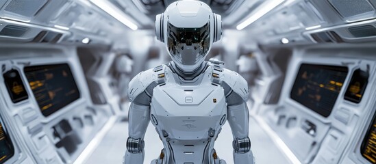 Aufkleber - White robot in a futuristic spaceship control room featuring advanced technology and sleek design 3D rendering of imaginative space exploration