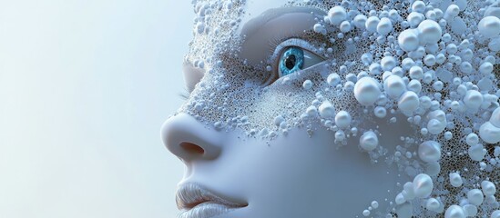 Poster - futuristic female cyborg face featuring intricate pearl like artificial skin showcasing virtual real