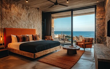  A hotel room with stone walls, patterned wallpaper, and terracotta accents. The view outside is of the ocean. Created with Ai