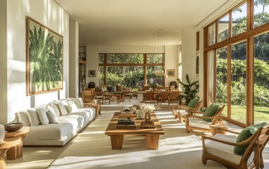 A bright living room with wooden furniture, green sofas and coffee tables, white walls, and large windows overlooking the garden. Created with Ai