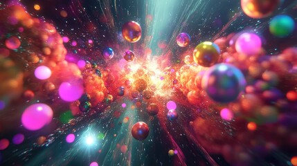 Poster - Vibrant geometric illustration featuring neon rays and an explosion of spheres