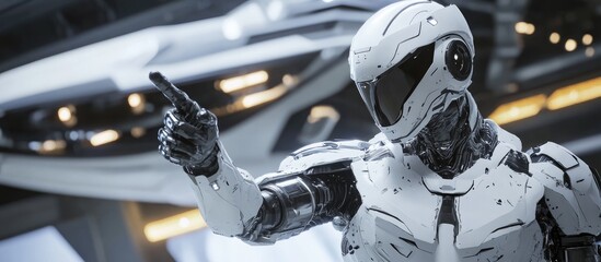 Poster - White male cyborg gesturing with finger against a spaceship backdrop digitally rendered in 3D