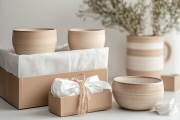 Wall Mural - A serene display of minimalist pottery and packaging, emphasizing natural textures.