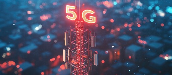 Poster - 5G communication tower or antenna transmitting wireless signals to mobile devices enabling high speed cellular internet and representing fifth generation telecommunication technology