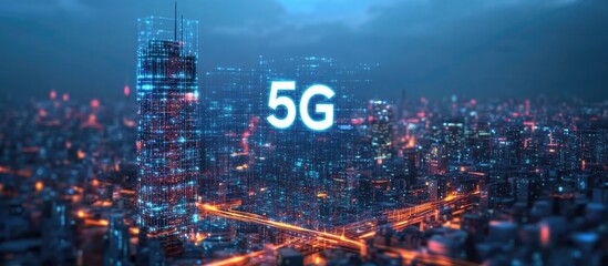 Poster - 5G wireless network systems with urban skyline backdrop