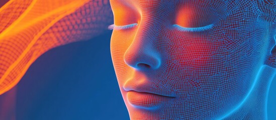 Poster - 3D wireframe illustration of a young female face against a blue and orange backdrop