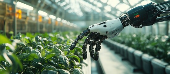 Poster - Agricultural technology concept featuring a 3D rendered robotic arm in a greenhouse setting
