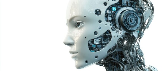 Aufkleber - 3D rendering of a segmented AI robot head featuring a digital graphic brain engine isolated on a white background with a clipping path