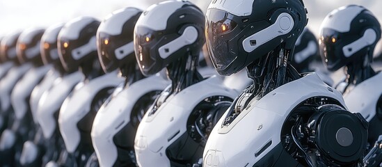 Poster - Isometric perspective of rows featuring advanced humanoid robots equipped with glass visors showcasing numerous robots lined up in an organized manner