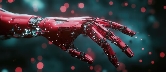 Poster - Red robotic hand gesturing with a finger against a dark backdrop in 3D visualization