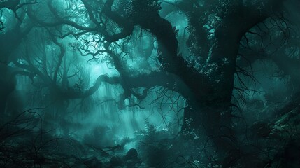 A misty, dark forest with thick, gnarled trees and a mysterious, ethereal glow.