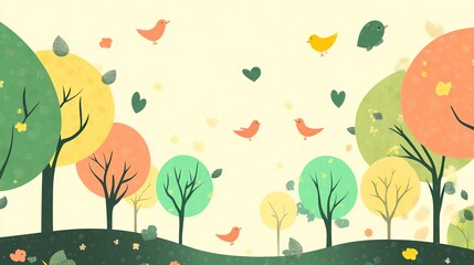 Wall Mural - A Springtime Forest with Colorful Birds and Trees