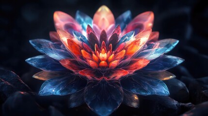 Fototapete - Vibrant abstract symmetrical flower with petals formed by a mix of colorful geometric shapes against a dark backdrop
