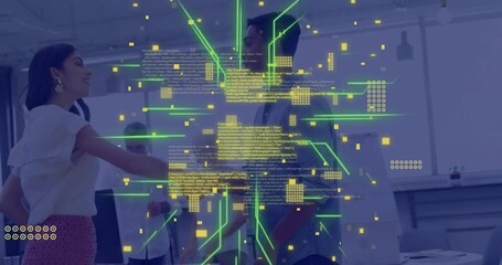 Poster - Digital data and coding animation over business people shaking hands in office