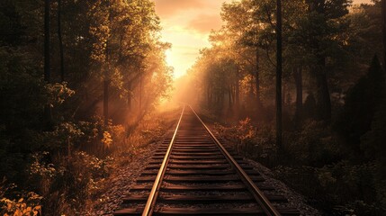 Poster - a train track weaves through a forest setting featuring vacant rails bathed in the warm light of sun