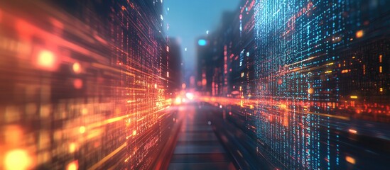 Aufkleber - Multi exposure of an abstract coding design merged with a blurred skyline representing concepts of artificial intelligence and neural networks