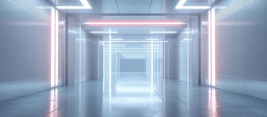 Poster - Futuristic empty room with a sci fi corridor featuring illuminated space for showcasing and displaying products Modern cement floor and wall create a tech inspired interior concept 3D render