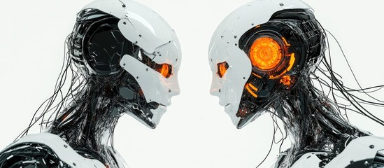 Poster - Two robotic figures connected by wires against a white background