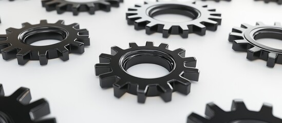Poster - Black and silver gear mechanism set against a white backdrop 3D rendering
