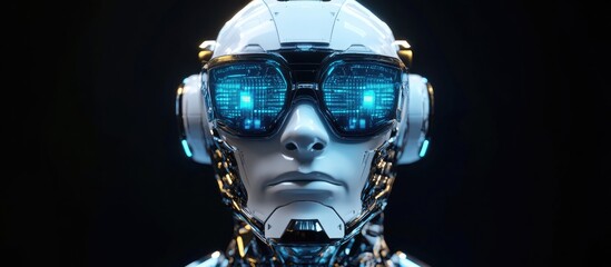 Poster - cyberpunk themed 3d illustration of a male humanoid robot in futuristic glasses set against a black 