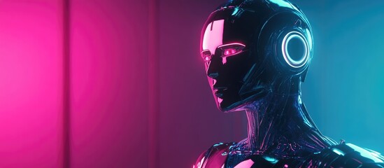 Poster - Iridescent plastic robot or artificial human illuminated by neon lights showcasing a 3D rendered design in a sci fi futuristic style
