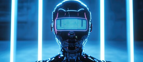 Poster - Human shaped robot featuring an artificial intelligence hologram interface displayed in front 3D rendering