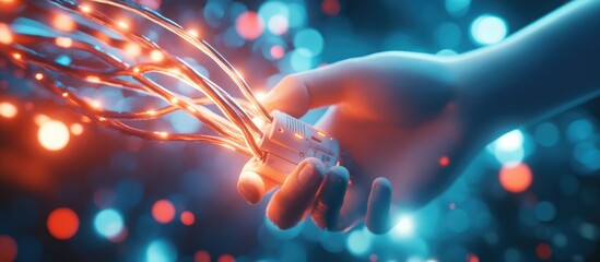 Poster - Blurry image depicting a hand holding an electric cable and telephone symbolizing the concept of 5G technology