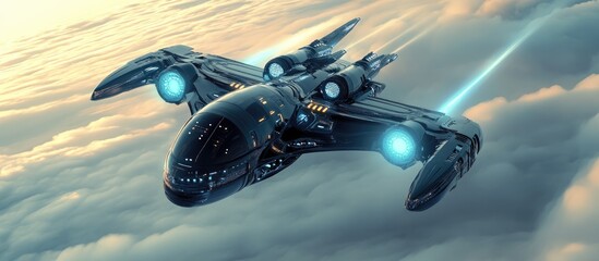 Poster - A 3D illustration of a futuristic cyber robot soaring into the sky