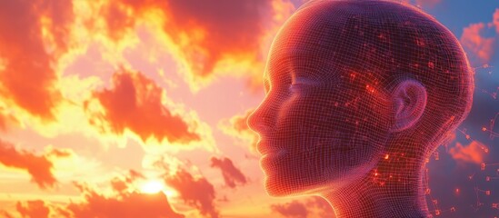 Poster - Abstract 3D illustration of a wireframe female head against a sunset sky representing themes of technology cyborgs digital identity virtual avatars and futuristic concepts