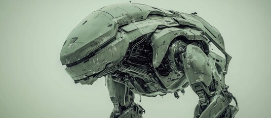 Poster - Futuristic mech soldier on a neutral backdrop Military robot featuring green and gray metal Pilot controlled machine with scratched armor Mech in battle 3D rendering