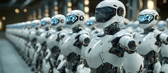 Poster - Close up view of numerous industrial humanoid robots with glass visors arranged in rows within a spacious storage facility A significant display of AI powered humanoid robots in formation