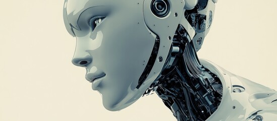 Aufkleber - Intricate 3D rendering of a robotic face or cyborg head in profile set against a neutral background