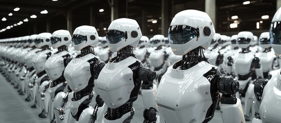 Poster - Close up view of numerous industrial humanoid robots with glass visors arranged in rows within a spacious storage facility A significant display of AI powered humanoid robots in formation