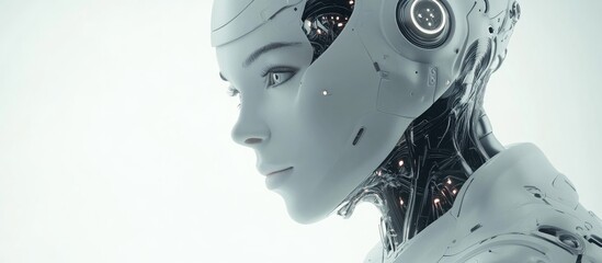 Poster - 3D render of a futuristic cyborg female figure against a clean white backdrop