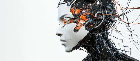 Poster - 3D rendering of a humanoid robot with exposed wires set against a white background