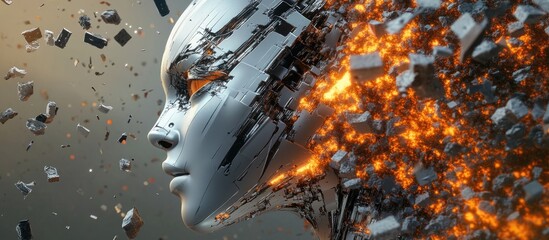 Poster - Shattered vision of a machine 3D rendering of a metallic sci fi female AI head in an explosive moment