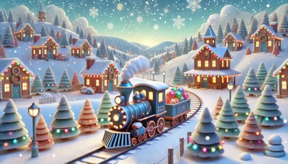 Wall Mural - Magical Christmas village with a toy train, decorated houses, and snowy trees.