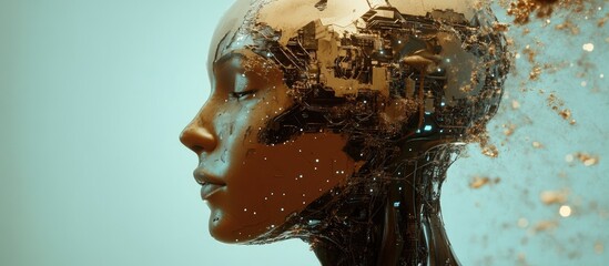 Poster - 3D rendering of a robotic cyborg head depicting the concept of artificial intelligence and advanced learning
