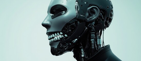 Poster - Surreal digital artwork of a cyborg head featuring a futuristic mask with teeth Depicts an artificial face and a damaged neck showcasing a sci fi soldier concept in a cyberpunk style